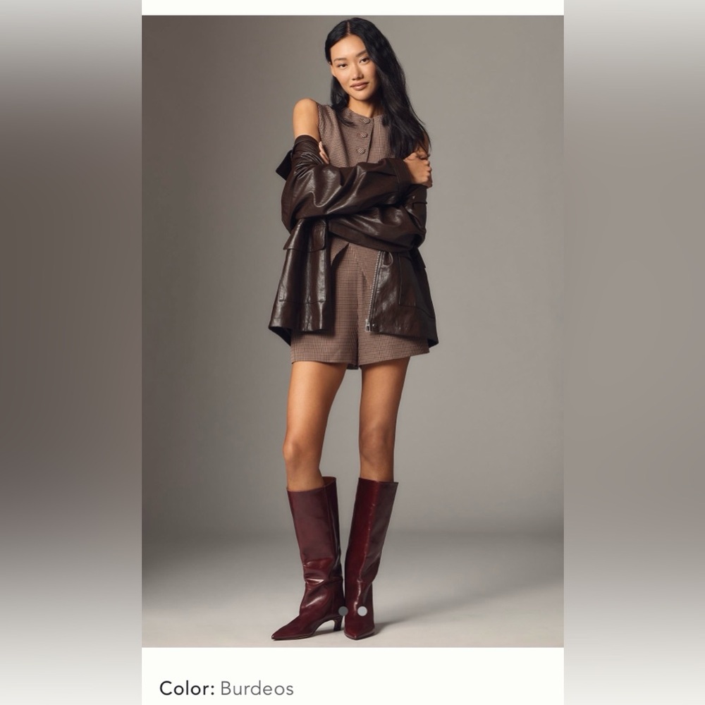 Anthropologie Wide Calf Burgundy Kitten Heel Boots